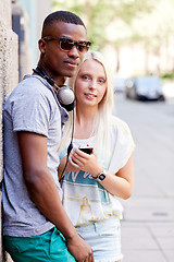 Image showing happy young couple have fun in the city summertime 