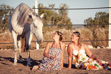 Image showing two woman horse and dog outdoor in summer happy