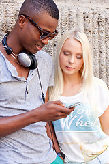 Image showing happy young couple have fun in the city summertime 