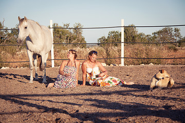 Image showing two woman horse and dog outdoor in summer happy