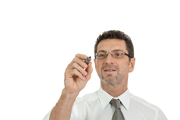 Image showing smiling adult businessman write with red pen isolated copyspace