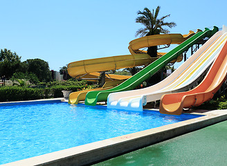 Image showing Swimming pool with water attractions at the resort.