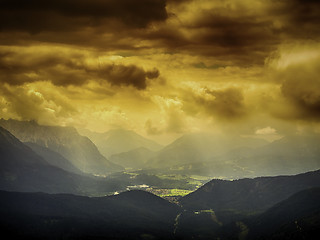 Image showing View from Herzogstand to dark storm clouds