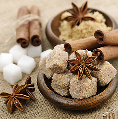 Image showing Brown And White Cane Sugar,Cinnamon And Anise Star