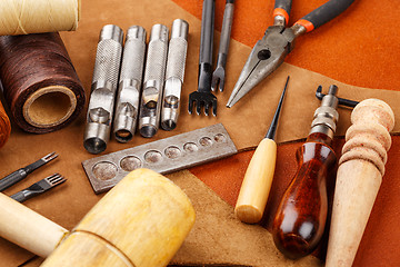 Image showing Homemade leather craft tool and accessories