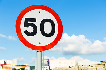 Image showing Road sign 50 blue sky background