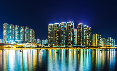 Image showing Apartment building at night in Hong Kong