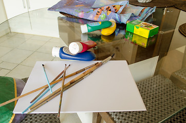 Image showing table painting paper brush gouache paint tubes 