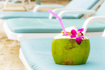 Image showing Sunbathing with coconut drink