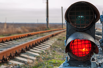 Image showing railroad track and stop light