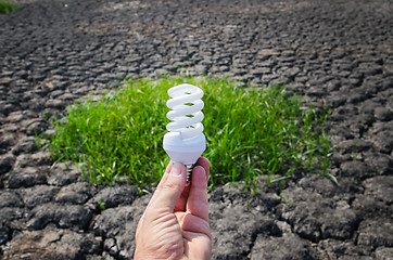 Image showing energy saving lamp in hand over green grass and cracked earth