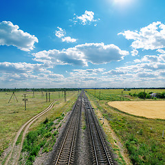 Image showing cloudy sky with sun over railroad