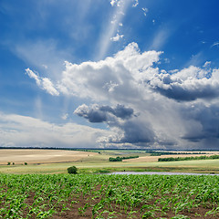Image showing cloudy sky and green field