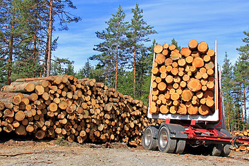 Image showing Timber Trailer and Stack of Logs 