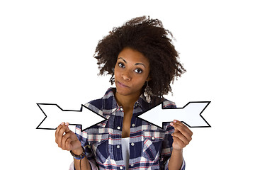 Image showing Young african american holding blank arrows