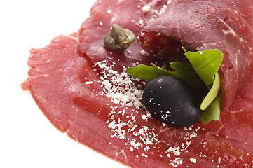 Image showing Beef carpaccio with rucola and parmesan 