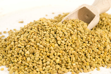 Image showing Bee pollen in wooden scoop. Nutritional supplement