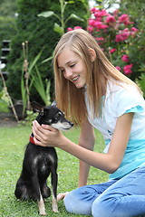 Image showing Teenager caressing her miniature pinscher