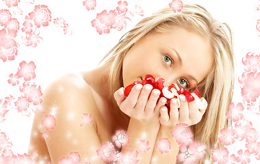 Image showing lovely blond in spa with red and white petals and flowers #2