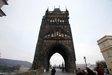 Image showing Bridge tower at one end of Charles bridge on Vltava river in Prague,Czech Republic