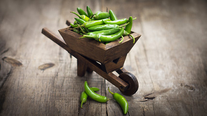 Image showing Jalapenos chili pepper in a miniature wheelbarrow