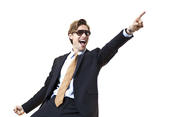 Image showing Overjoyous businessman pointing