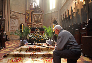 Image showing On Holy Saturday, people pray in front of God's tomb in the Zagreb Cathedral