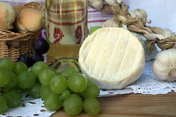 Image showing Wine, cheese and grapes