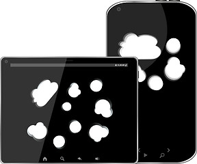 Image showing Blank mobile smart phone and digital tablet pc with cloud on the screen