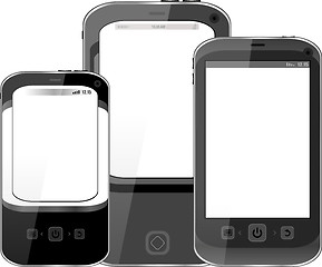 Image showing Photo-realistic illustration of different smart phones with copyspace on the screen - isolated