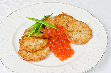 Image showing pancakes with red caviar