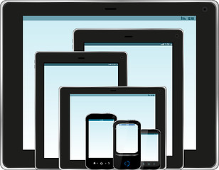Image showing Set of realistic display, tablet computer and mobile phone template with blue screen