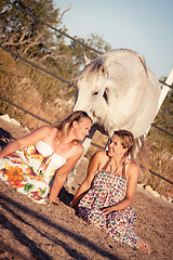 Image showing two woman horse and dog outdoor in summer happy