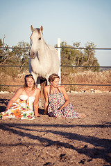 Image showing two woman horse and dog outdoor in summer happy