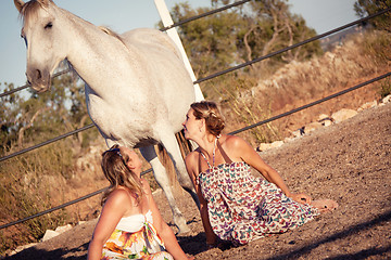 Image showing two woman horse and dog outdoor in summer happy