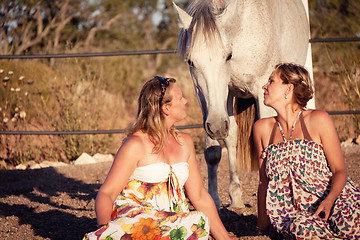 Image showing two woman horse and dog outdoor in summer happy