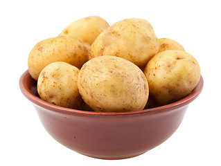 Image showing Young potatoes in a clay bowl