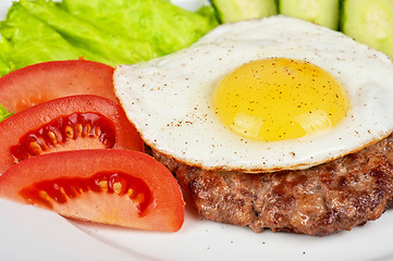 Image showing steak beef meat with fried egg