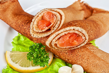 Image showing Pancakes with salmon