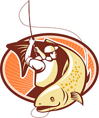 Image showing Fly Fisherman Reeling Trout Fish Retro