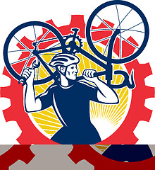 Image showing Cyclist Bicycle Mechanic Carrying Bike Sprocket Retro