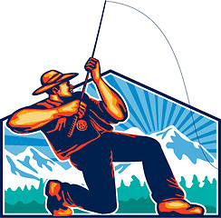 Image showing Fly Fisherman Reeling Fishing Rod Retro