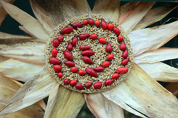 Image showing Colorful handmade flowers made of corn