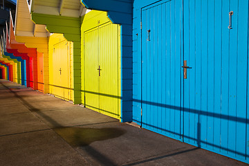 Image showing Beach huts at sunrise