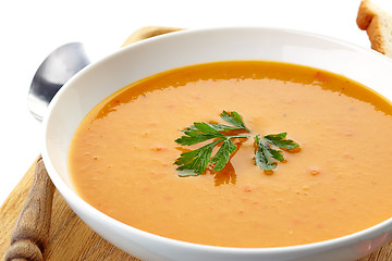 Image showing squash soup in a white plate