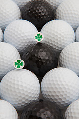 Image showing White and black golf balls and wooden tees