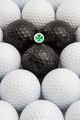 Image showing White and black golf balls and wooden tee