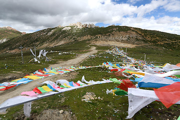 Image showing Landscape of Buddhist prayer flags 