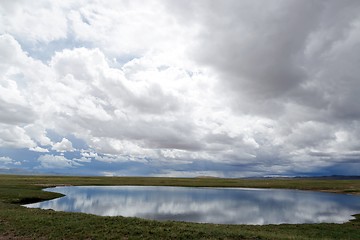 Image showing Landscape of lake and clouds in Tibet