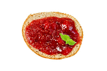 Image showing Bread with strawberry jam and mint